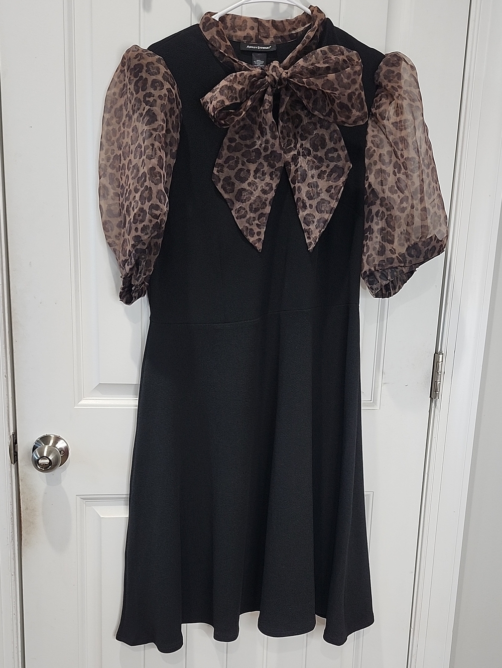 Ashley Stewart Black Dress with Leopard Organza Bow & Puff Sleeves - 16